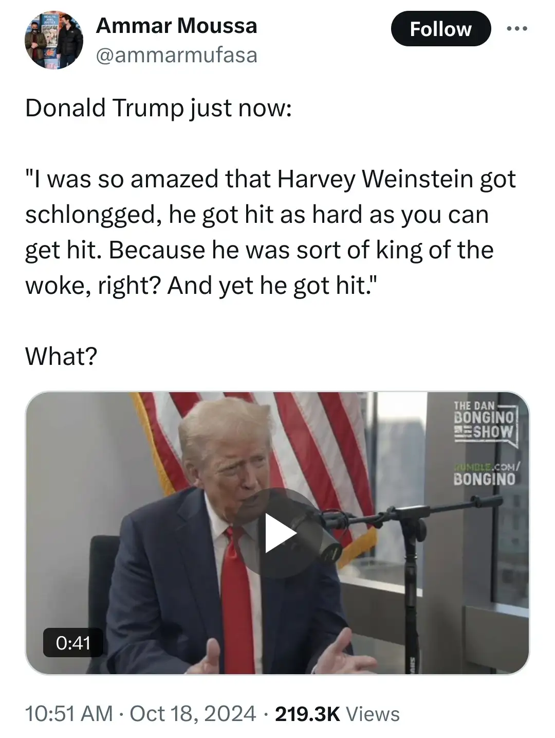 A screenshot of a tweet by Ammar Moussa showing a video clip of Donald Trump speaking. Trump is seated in front of an…