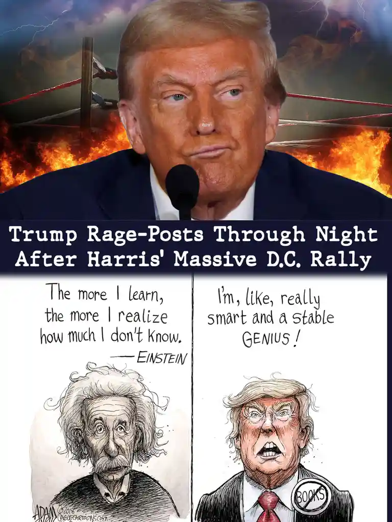 The image features a photo of Donald Trump speaking into a microphone, set against a fiery wrestling ring backdrop with…