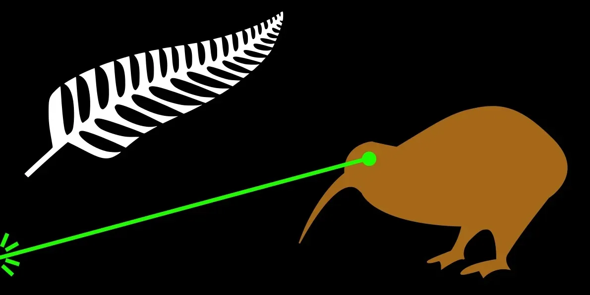 A stylized brown kiwi bird with a long beak is depicted firing a bright green laser beam from its beak toward a white silver…