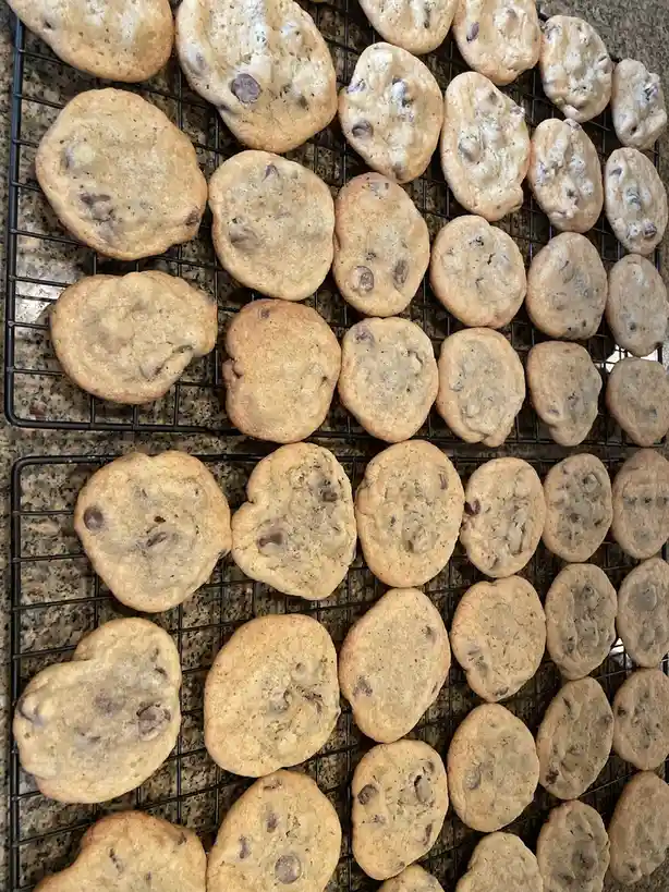 An overhead shot shows dozens of freshly baked chocolate chip cookies cooling on black wire racks placed on a speckled…
