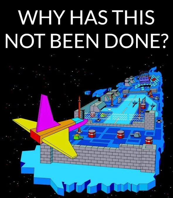 A pixelated, 8-bit style image shows a floating island fortress in space, featuring a colorful, multi-hued fighter jet…
