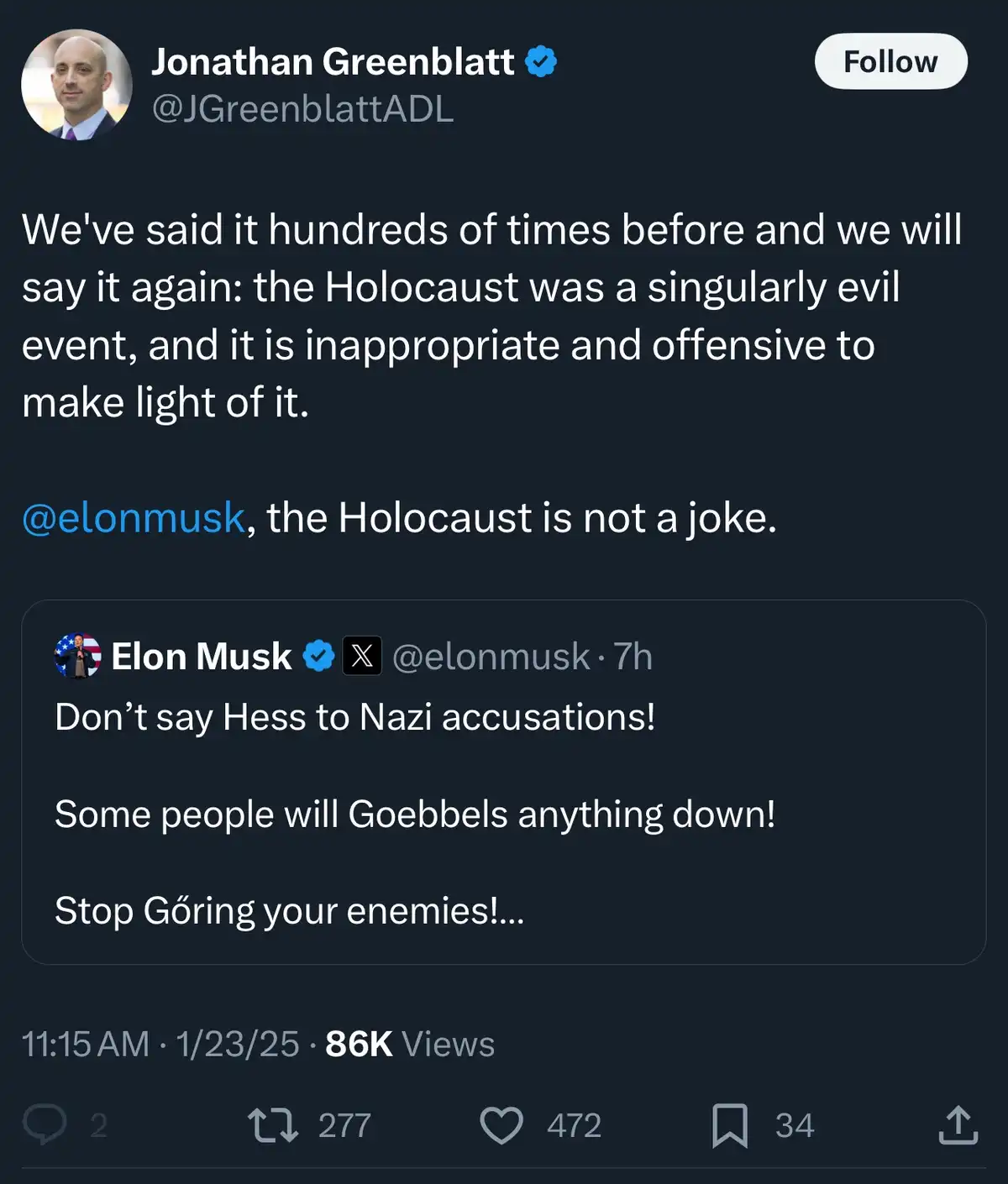 A screenshot of a Twitter thread shows Jonathan Greenblatt (@JGreenblattADL) responding to Elon Musk (@elonmusk)…