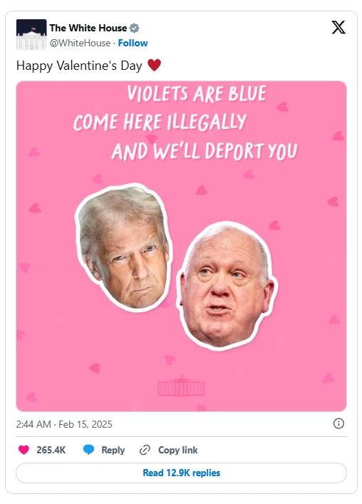 A screenshot of a fake tweet from 'The White House' account, showing a pink Valentine's Day card with two cutout photos of…