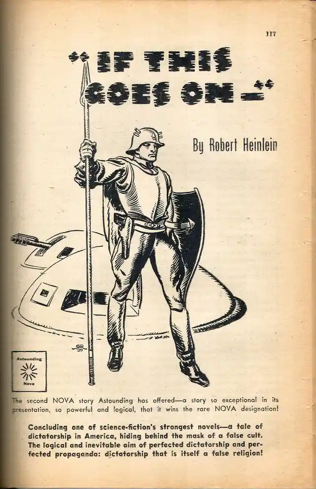 A vintage science fiction magazine cover for Robert Heinlein's story 'If This Goes On' shows a soldier in futuristic armor…