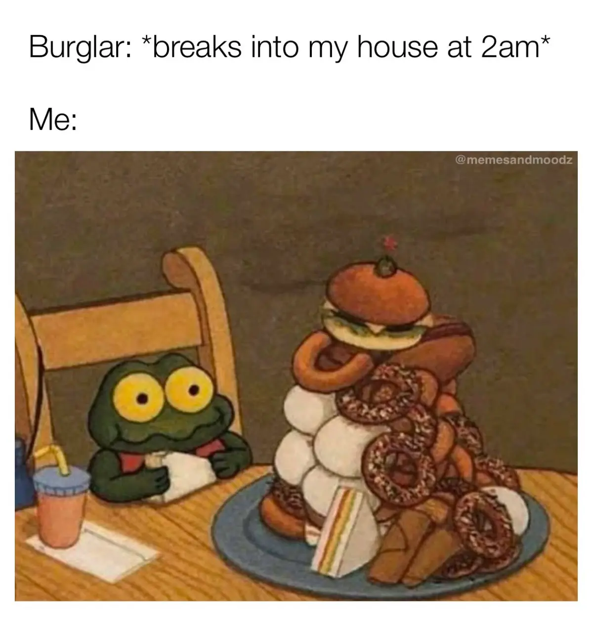 A cartoon frog with wide, startled eyes sits at a wooden table, staring at an enormous, chaotic tower of food on a blue…