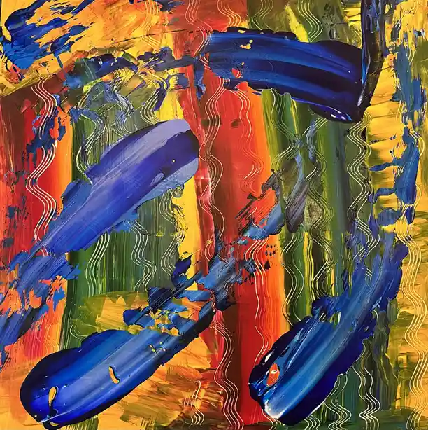 An abstract painting with bold, thick brushstrokes of blue, red, orange, and green. The blue paint forms large, curved…