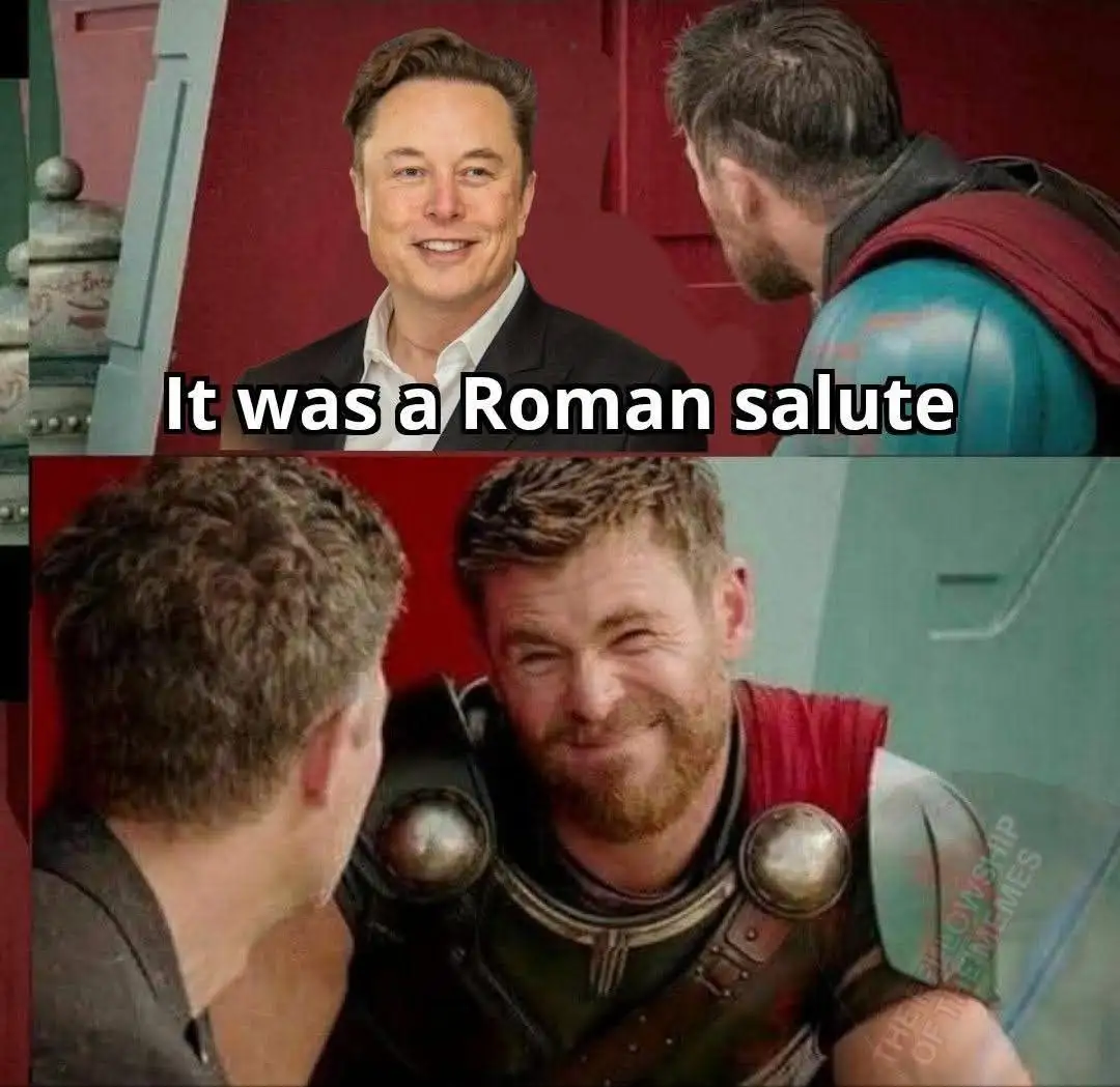 The top panel shows Elon Musk smiling while facing Thor, who is seen from behind in his armor. The bottom panel shows Thor…
