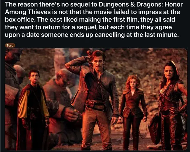 A group of actors from the movie 'Dungeons & Dragons: Honor Among Thieves' are shown standing together in a fantasy setting…