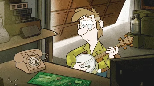 A cartoon man in a green shirt sits at a desk with a rotary phone and circuit board, playing a banjo. The image is repeated…