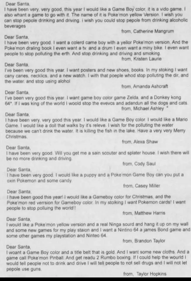 A scanned image displays multiple handwritten 'Dear Santa' letters from children, all requesting a Game Boy Color and…