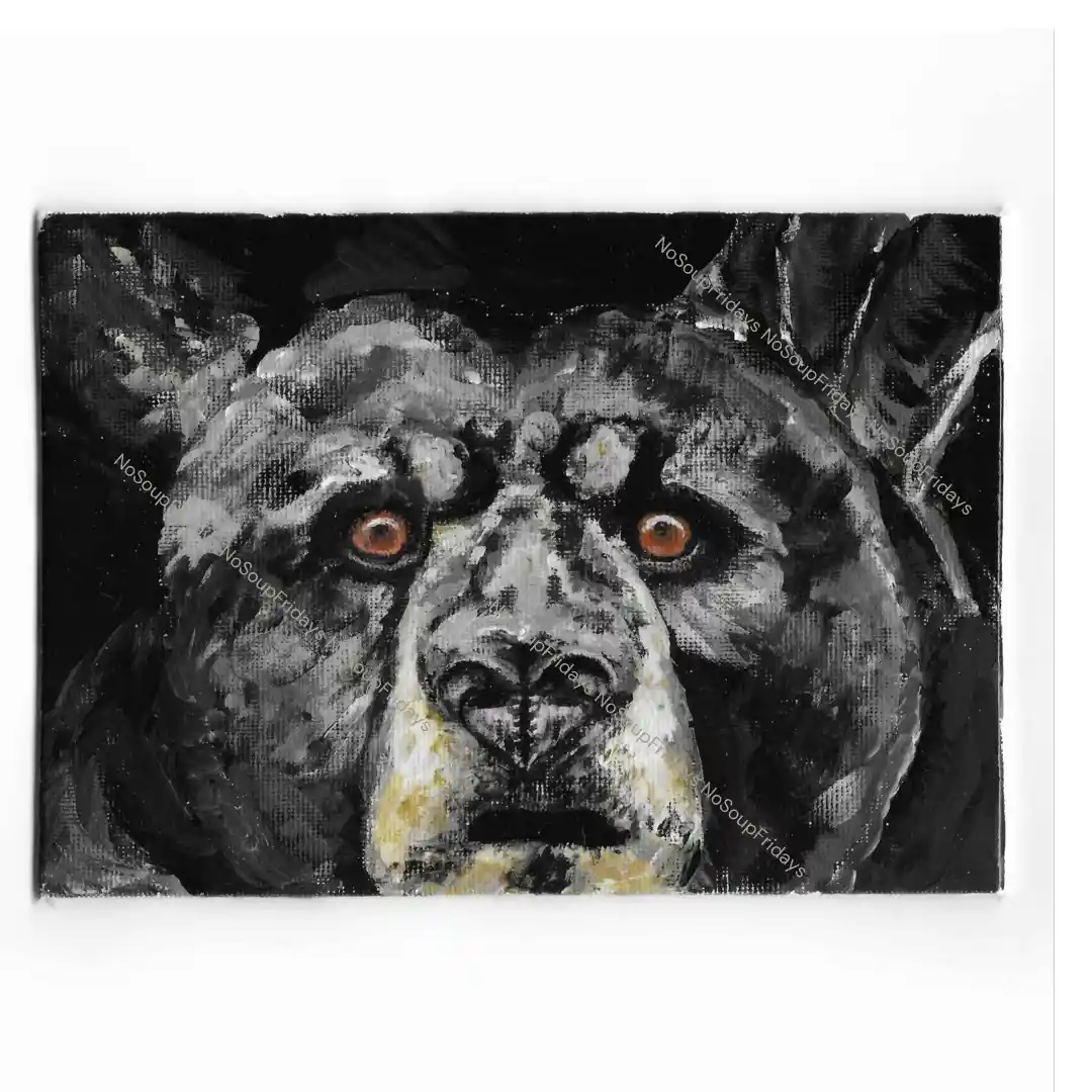 A close-up painting of a bear's face with intense orange eyes, rendered in dark, textured brushstrokes against a black…