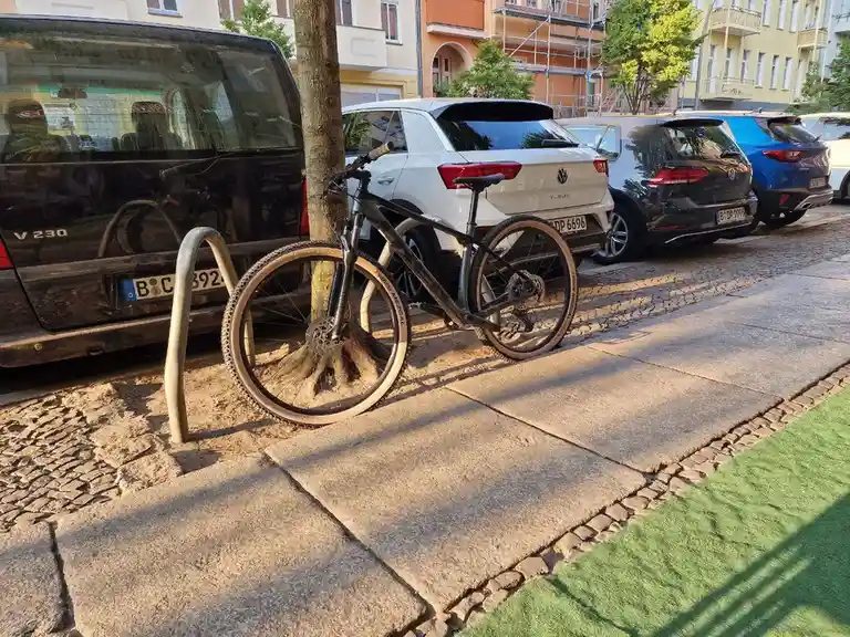 A mountain bike is parked next to a tree on a sidewalk, with its front wheel partially obscured by the tree trunk. Behind…