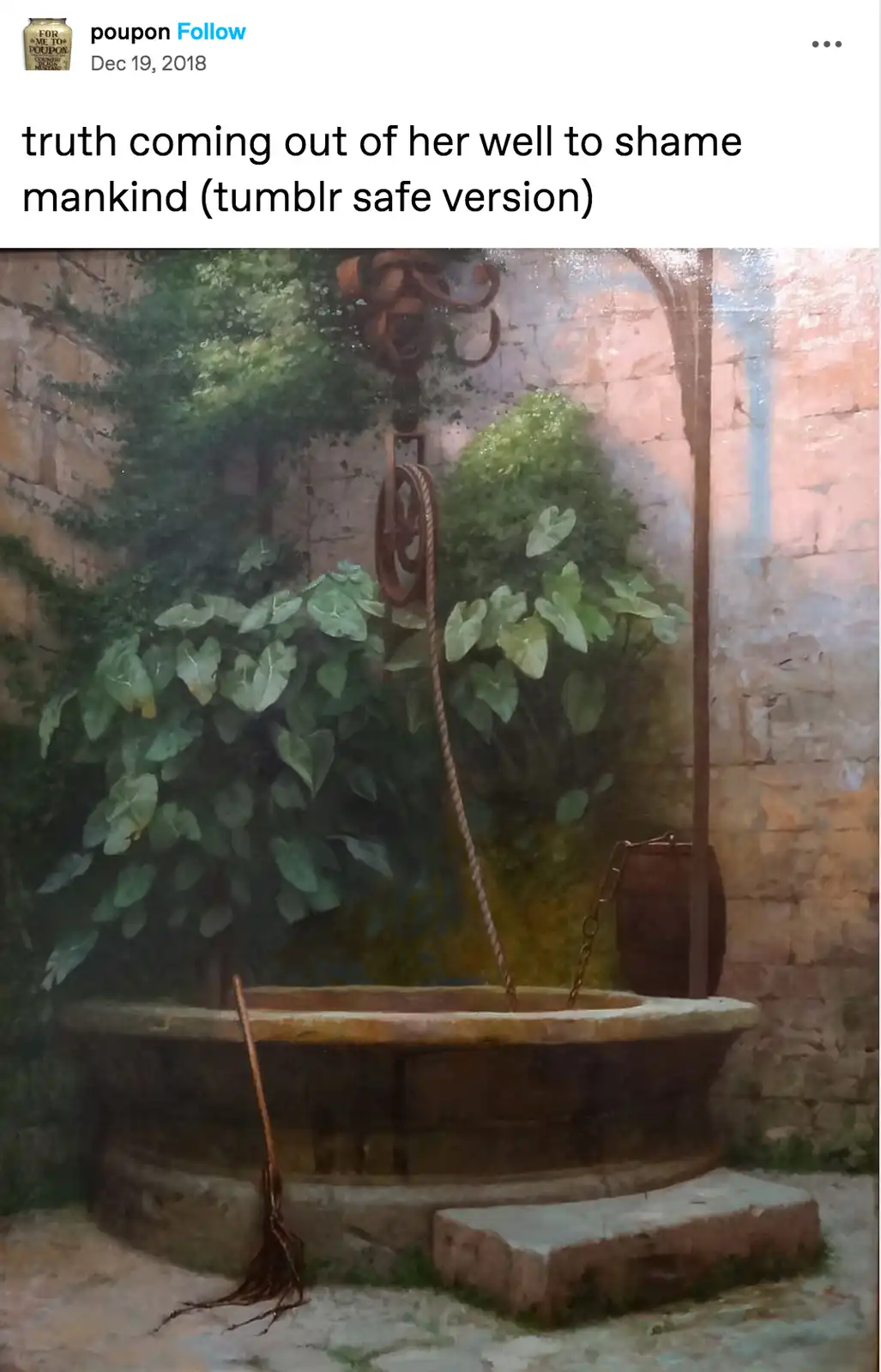 An old painting depicts a rustic stone well with a rope and bucket, surrounded by lush green foliage and set against a stone…