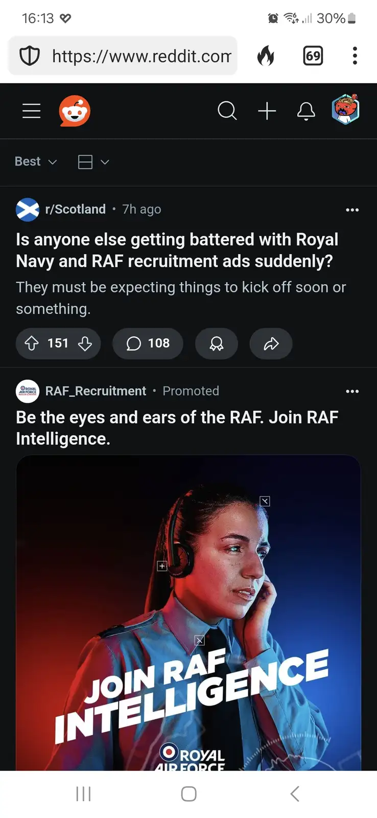 A screenshot of a Reddit post from r/Scotland where a user complains about suddenly seeing Royal Navy and RAF recruitment…