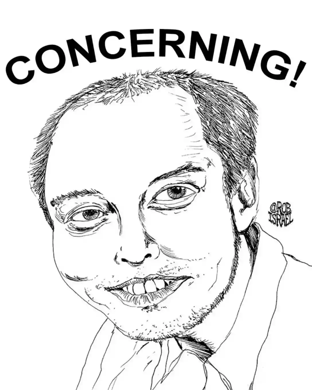 A black and white sketch shows a man with a wide, toothy grin and slightly bulging eyes, wearing a collared shirt. The word…