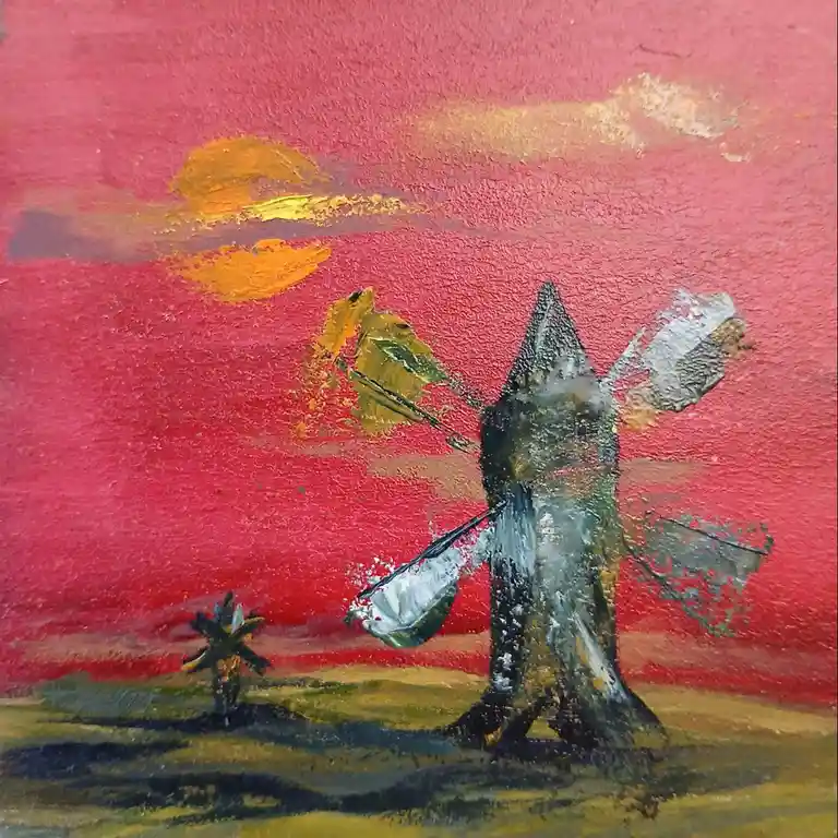 A textured painting depicts a stylized windmill with mismatched, colorful blades against a vibrant red sky with orange…