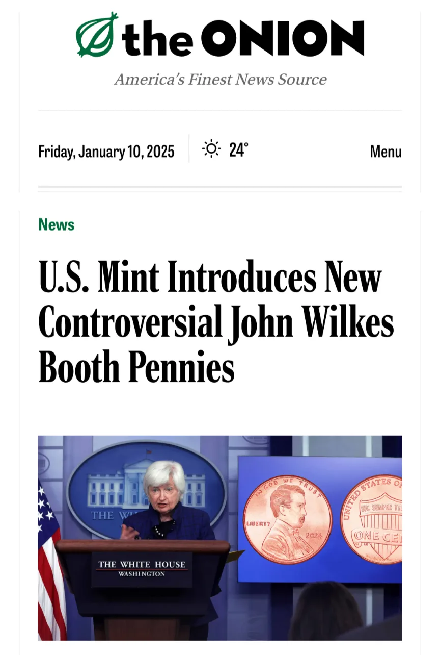 The image shows a satirical news article from 'the ONION' dated January 10, 2025, featuring a woman at a White House podium…