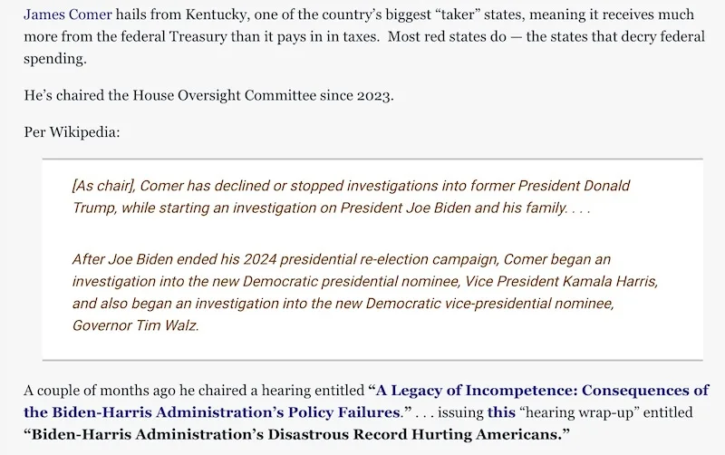 The image displays a screenshot of a text article detailing James Comer's political actions, including his chairmanship of…