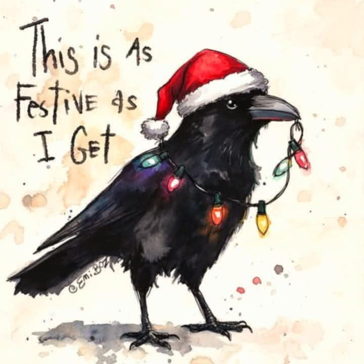 A watercolor illustration of a black crow wearing a red Santa hat with white trim and holding a string of colorful Christmas…