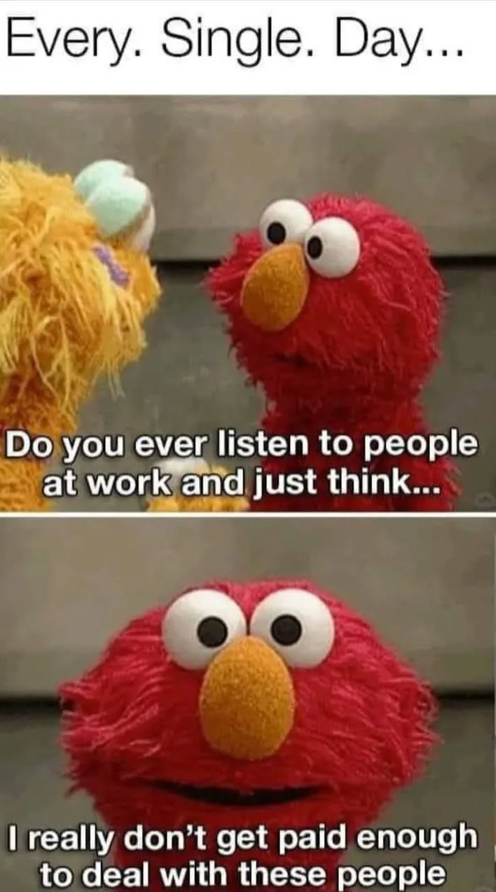 The image is a two-panel meme featuring the red, furry Sesame Street character Elmo. In the top panel, Elmo looks at another…