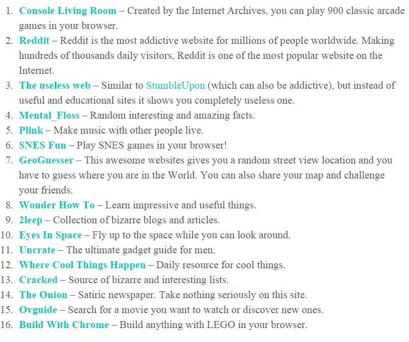 A numbered list of 16 websites with brief descriptions, presented in a plain text format. The list includes sites like…