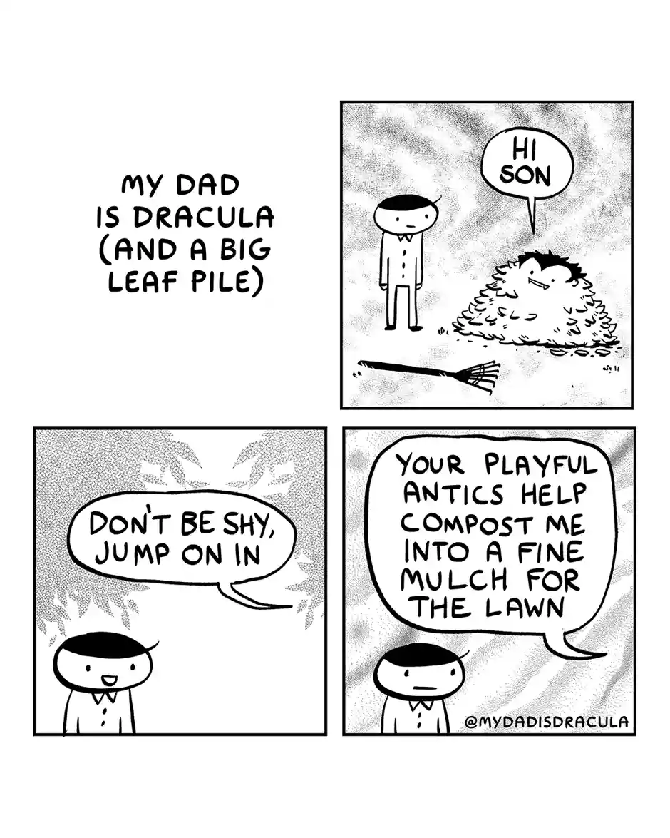A four-panel comic strip shows a child encountering a leaf pile that speaks. The leaf pile, labeled as 'my dad is dracula…