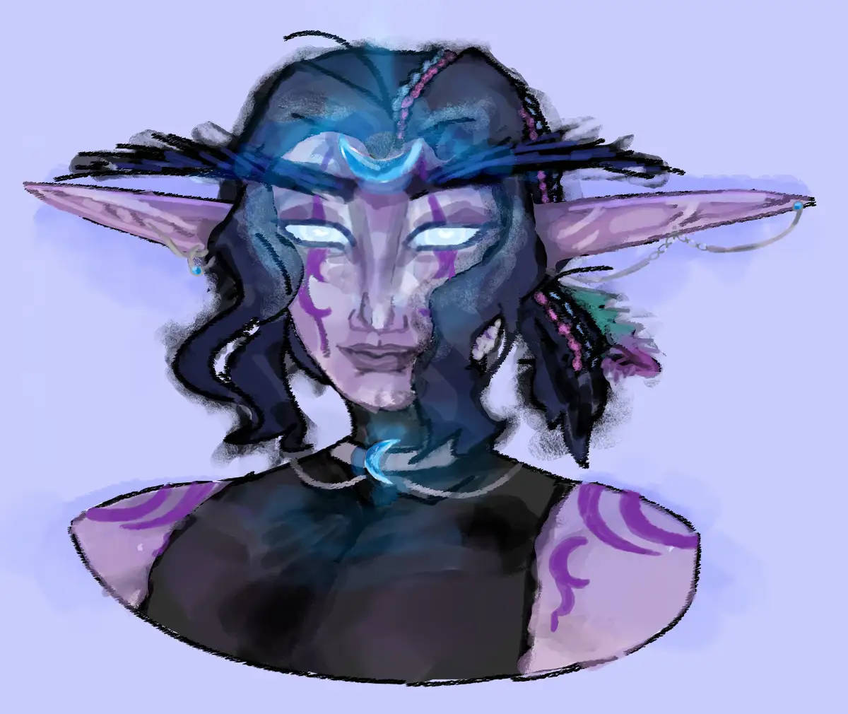 A digital illustration of a fantasy character with pointed ears, glowing blue eyes, and dark hair adorned with colorful…