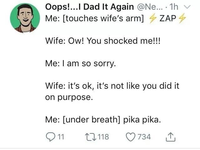 A screenshot of a social media post showing a humorous dialogue where a man accidentally shocks his wife by touching her…