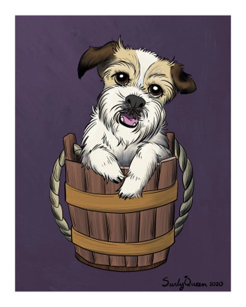 A cartoon illustration of a small, scruffy, white and tan dog with floppy ears and a happy expression, sitting inside a…