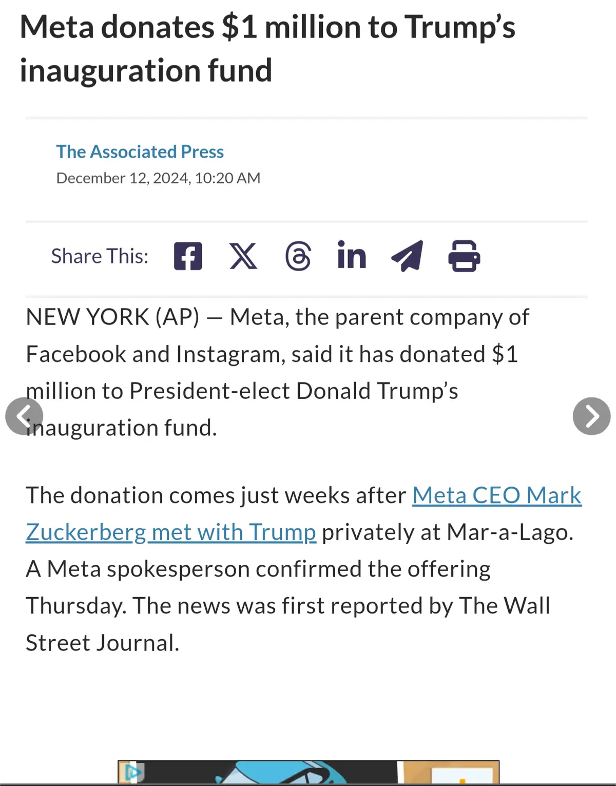 A screenshot of a news article from The Associated Press dated December 12, 2024, reporting that Meta, the parent company of…