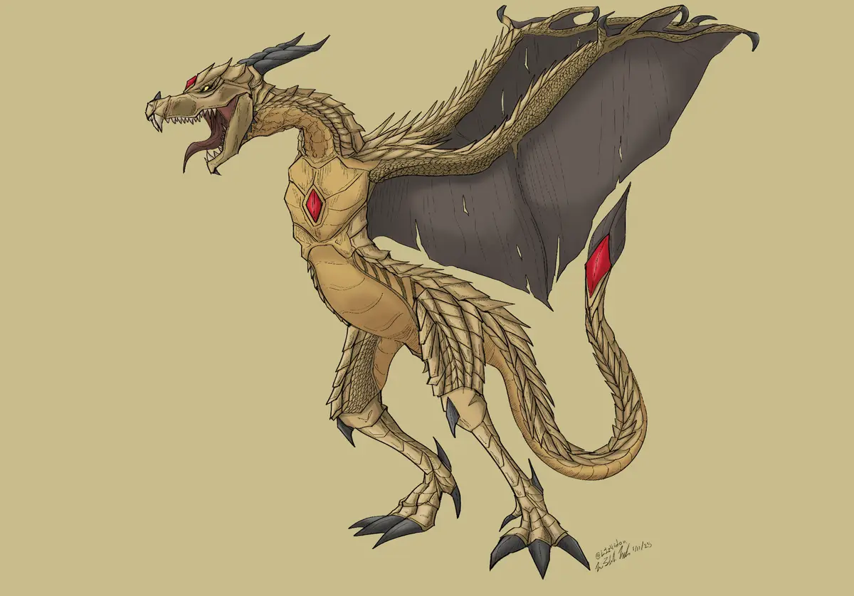 A detailed illustration of a tan-colored dragon with black claws, wings, and horns, roaring with its mouth open. It has red…