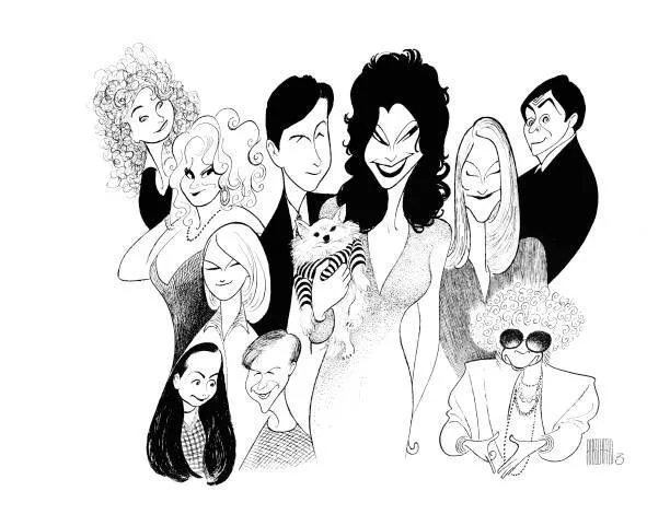 A black-and-white line drawing shows a group of stylized, glamorous cartoon characters, including a central woman with dark…