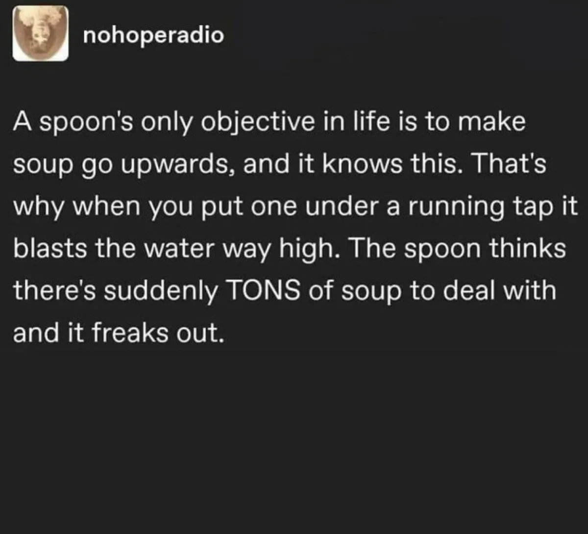 The image displays a dark background with white text from a social media post by 'nohoperadio'. The text humorously explains…