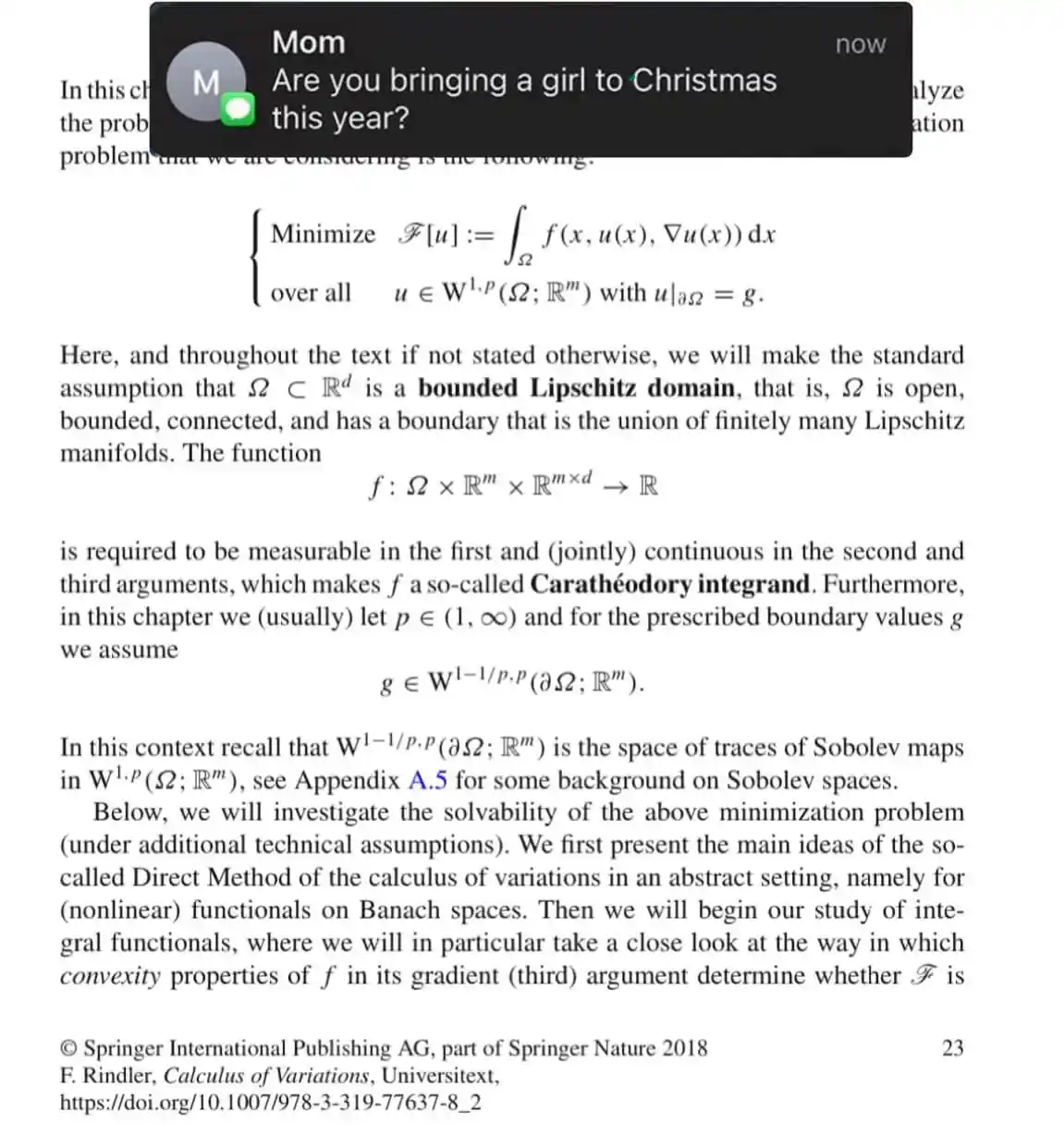 A screenshot of a math textbook page on calculus of variations, overlaid with a modern iMessage-style chat bubble from 'Mom'…