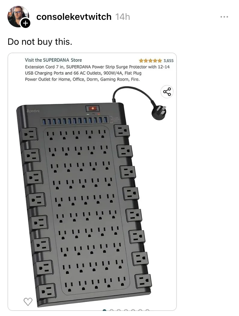 An image of a black power strip with an absurdly high number of AC outlets and USB ports, overlaid with the text 'Do not buy…