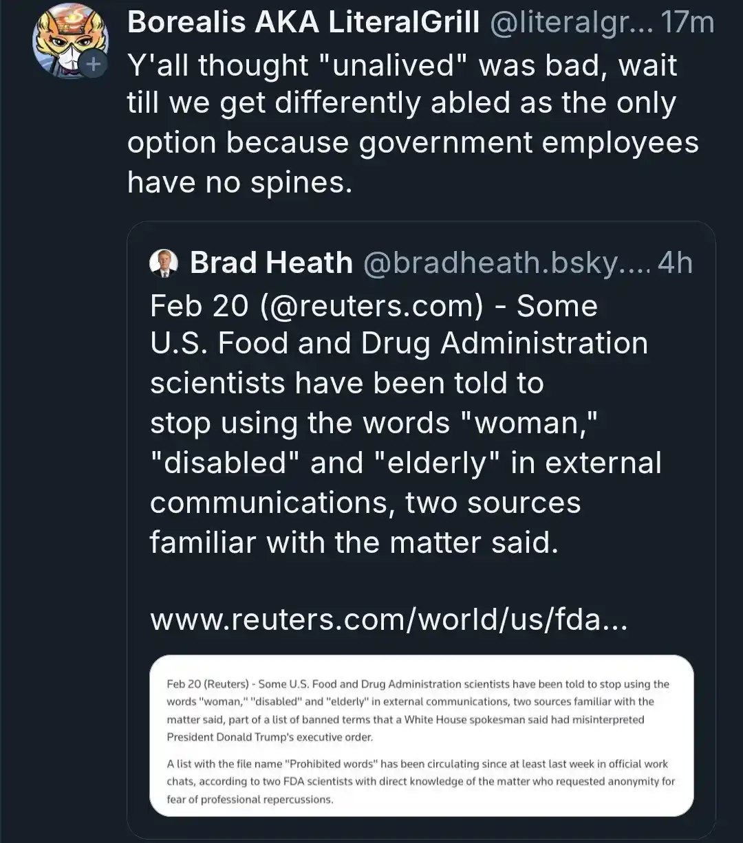 A screenshot of a social media thread shows a user named Borealis AKA LiteralGrill commenting on a Reuters article. The…
