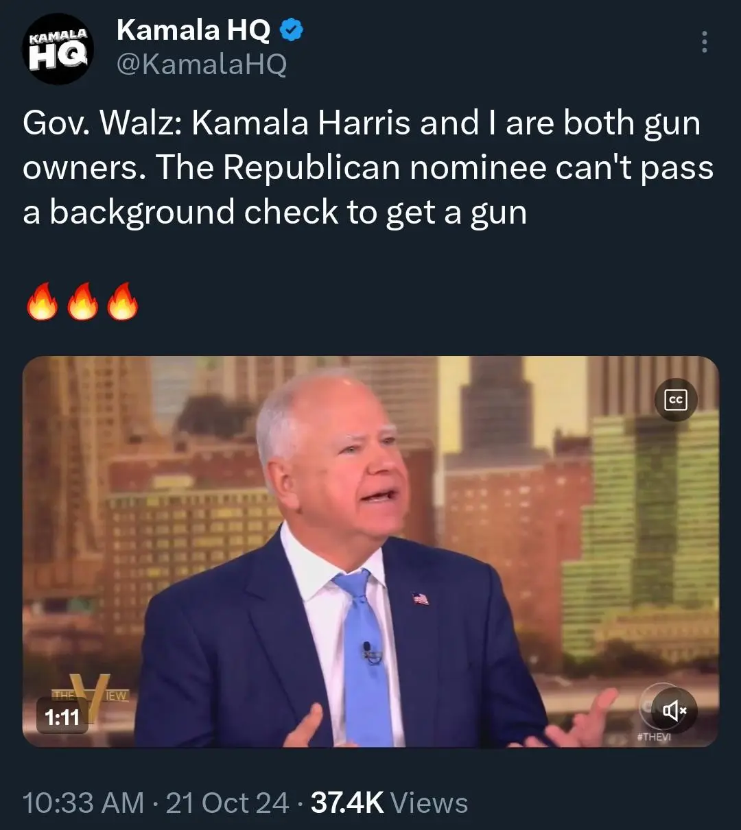A screenshot of a tweet from 'Kamala HQ' featuring a video clip of Minnesota Governor Tim Walz speaking on 'The View'. He is…