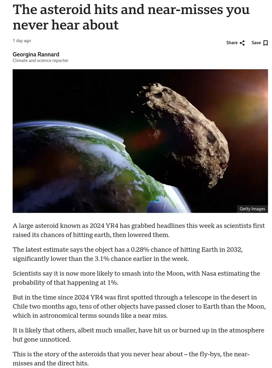 A news article screenshot shows a large asteroid looming over Earth, with the headline 'The asteroid hits and near-misses…