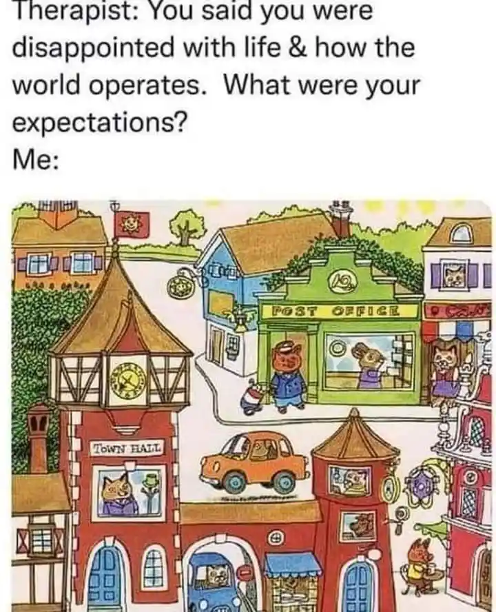 A colorful cartoon illustration of an anthropomorphic animal town with buildings like a post office, town hall, and shops…
