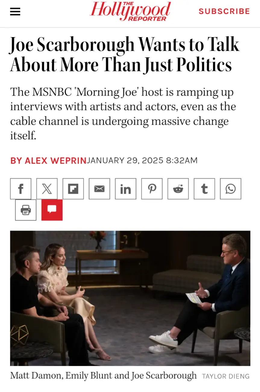 A screenshot of a Hollywood Reporter article shows Joe Scarborough interviewing Matt Damon and Emily Blunt. He is wearing a…