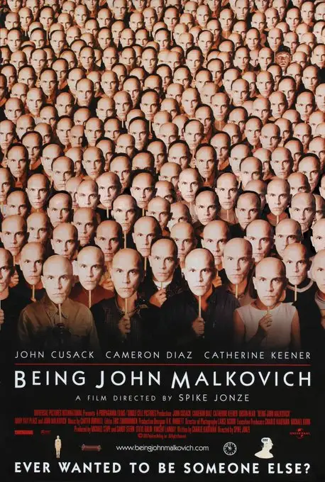 The image is a movie poster for 'Being John Malkovich' showing a dense crowd of identical bald men holding up masks of John…