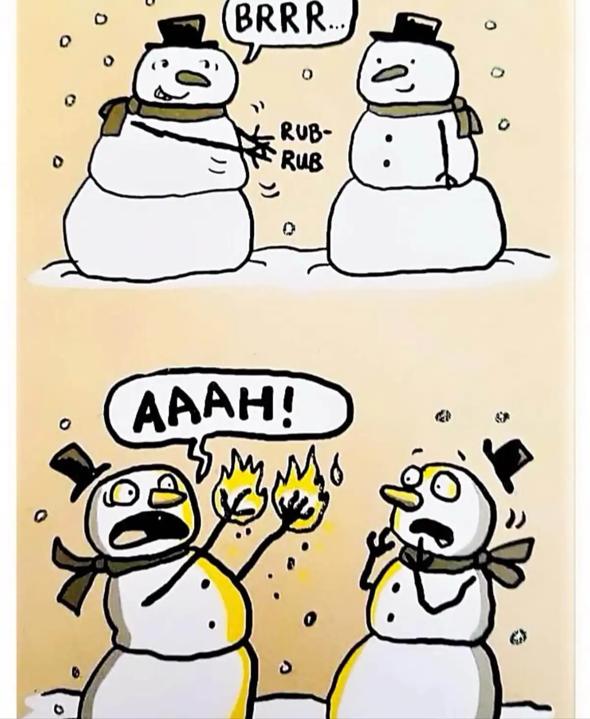 Two cartoon snowmen stand in snow; one shivers and rubs its hands together, emitting 'BRRR... RUB-RUB' text. In the second…