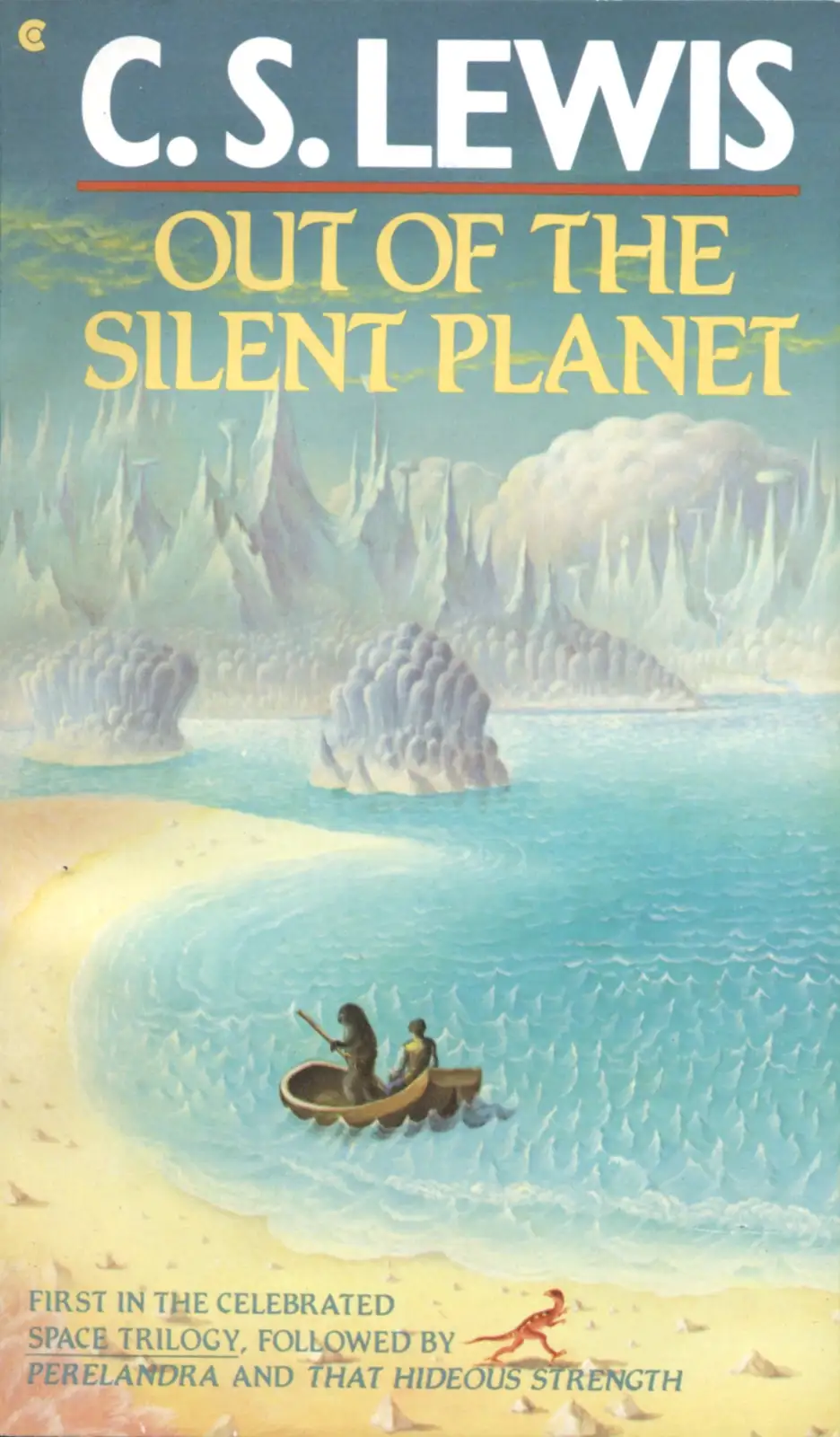 The image is the cover of C.S. Lewis's book 'Out of the Silent Planet,' showing two figures in a small boat on a turquoise…