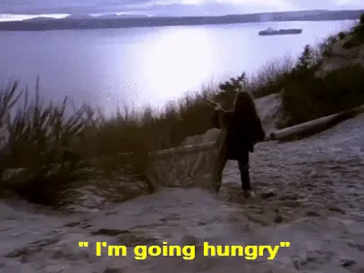 A six-panel meme collage from the music video for 'I'm Going Hungry' by the band The Cult. Each panel shows a man with long…