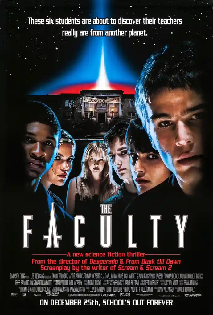 The image is a movie poster for 'The Faculty' showing six teenagers looking serious in front of a high school with a bright…