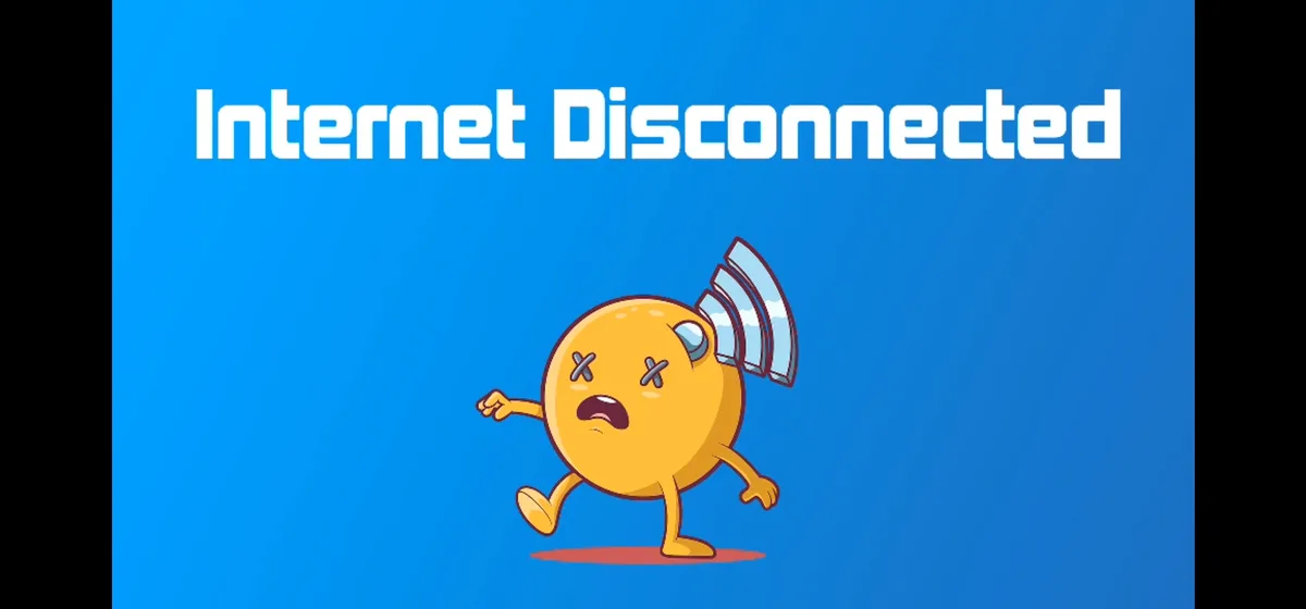 A cartoon yellow emoji with X's for eyes and a distressed expression is shown running away from a broken Wi-Fi signal icon…