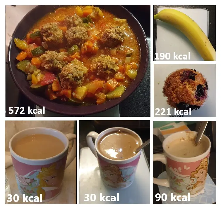 A collage of six food items with their calorie counts labeled: a bowl of meatball stew (572 kcal), a banana (190 kcal), a…