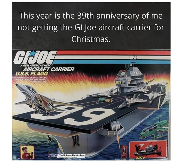 The image shows a vintage toy box for the GI Joe 'A Real American Hero' Aircraft Carrier, U.S.S. Flagg, featuring an…
