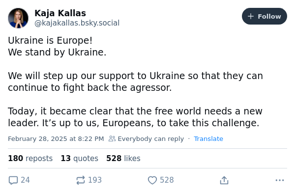 A screenshot of a social media post by Kaja Kallas, showing her profile picture and a tweet that reads 'Ukraine is Europe!…
