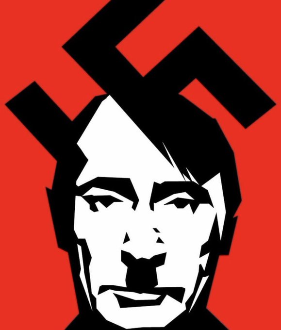 a stylized black-and-white portrait of a man with a swastika superimposed over his head against a red background. the image…